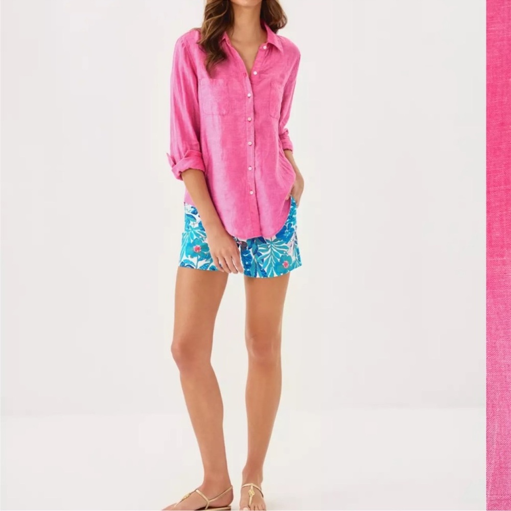 Lilly Pulitzer Sea View linen Button Up Long sleeves shirt top Sz S - Picture 3 of 8